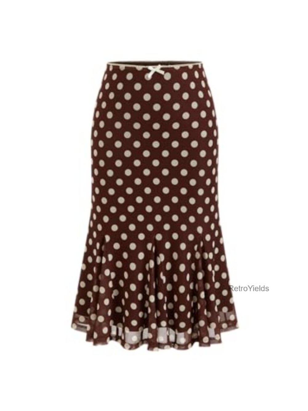 Polka Dot Midi Skirt Bowknot Sheer Mesh Ruffle Hem Vintage Retro